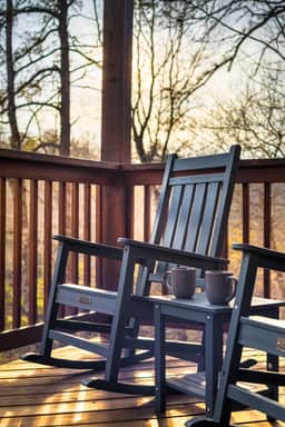 Cozy deck with rocking chairs and forest views—perfect for sunrise coffee.