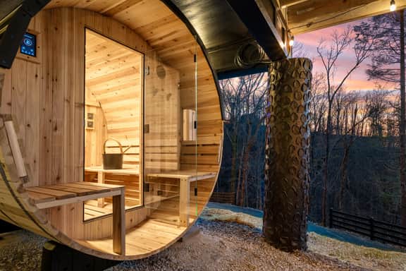 Private cedar barrel sauna with sunset forest views—pure retreat