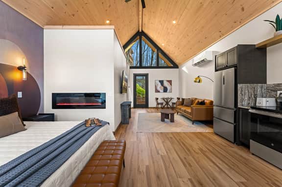 Chic vaulted studio: fireplace, modern kitchen, leather lounge, forest views