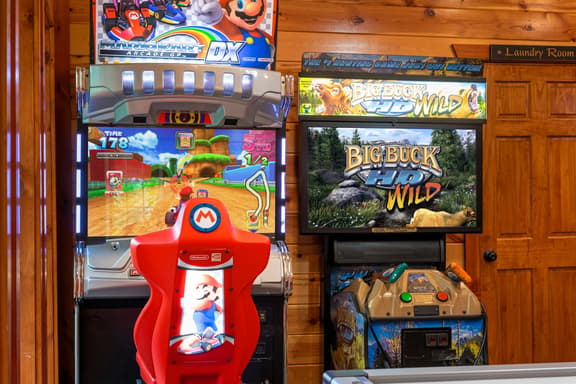 Private game room with Mario Kart and Big Buck Hunter arcade fun